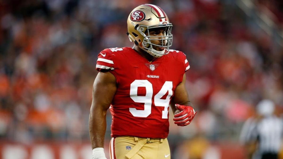 San Francisco 49ers defensive lineman Solomon Thomas plays in a preseason game against the Denver Broncos on Aug. 19, 2017, in Santa Clara.