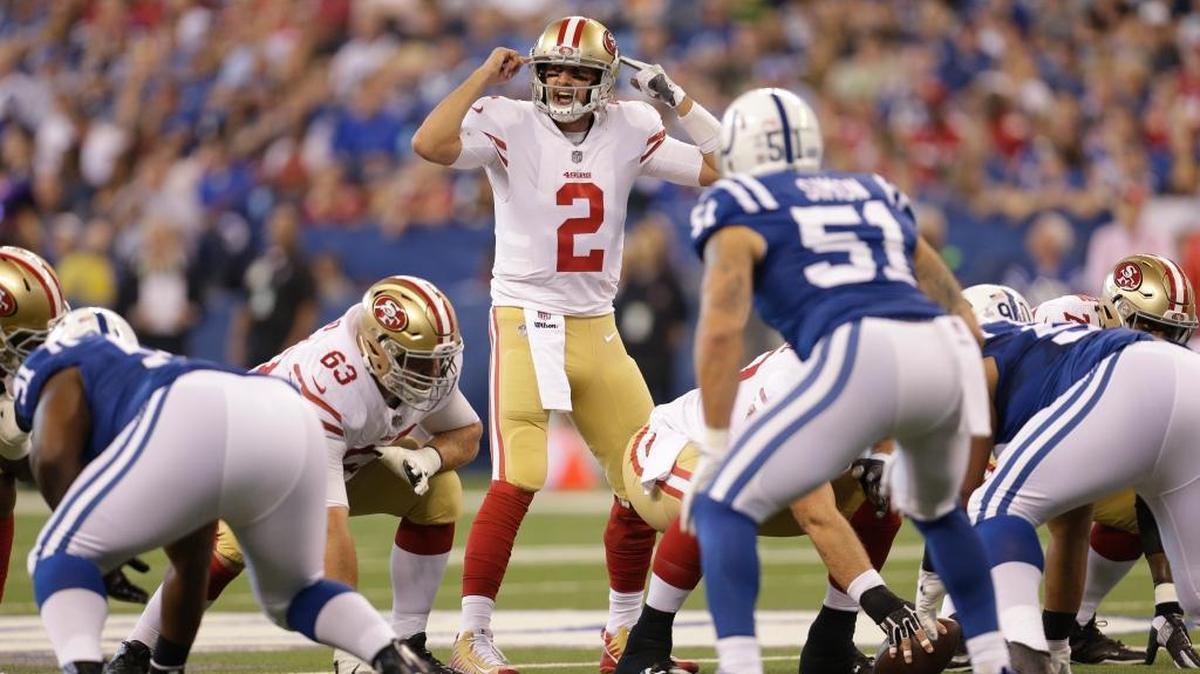 San Francisco 49ers quarterback Brian Hoyer (2) calls a play during the first half of an NFL football game against the Indianapolis Colts, Sunday, Oct. 8, 2017, in Indianapolis.