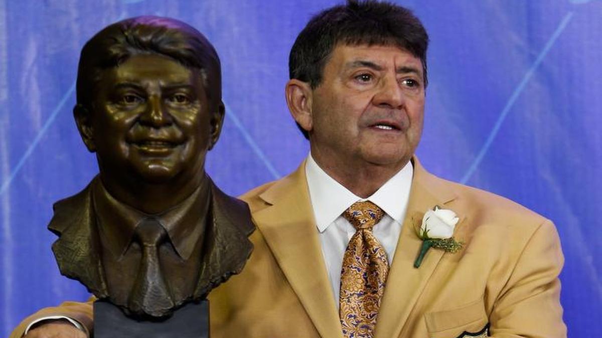 Former NFL owner Edward J. DeBartolo Jr., poses with his Hall of Fame bust during an induction ceremony at the Pro Football Hall of Fame Saturday, Aug. 6, 2016, in Canton, Ohio. DeBartolo Jr. was presented with his hall-of-fame ring during a soggy halftime ceremony on Sunday, Nov. 20, 2016 at Levi’s Stadium in Santa Clara, Calif.