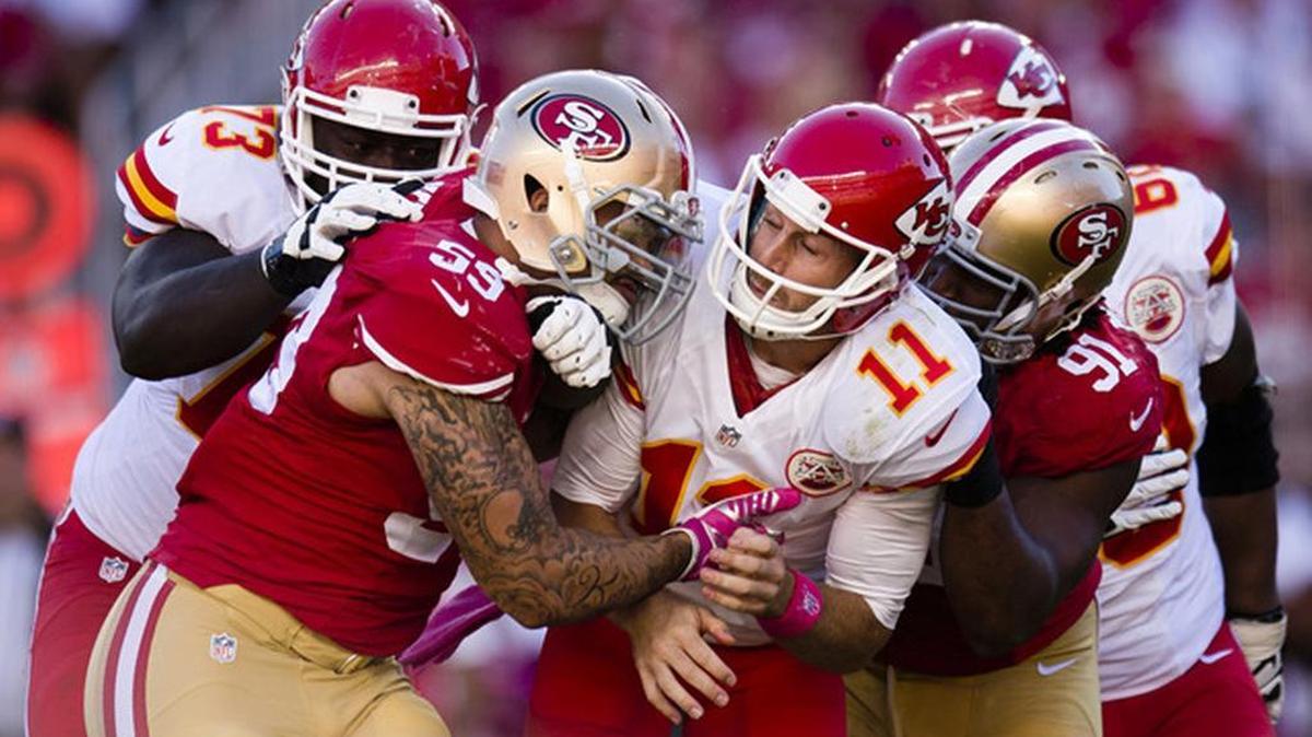 
Outside linebacker Aaron Lynch (59) had his most prolific practice of the offseason on Tuesday.
