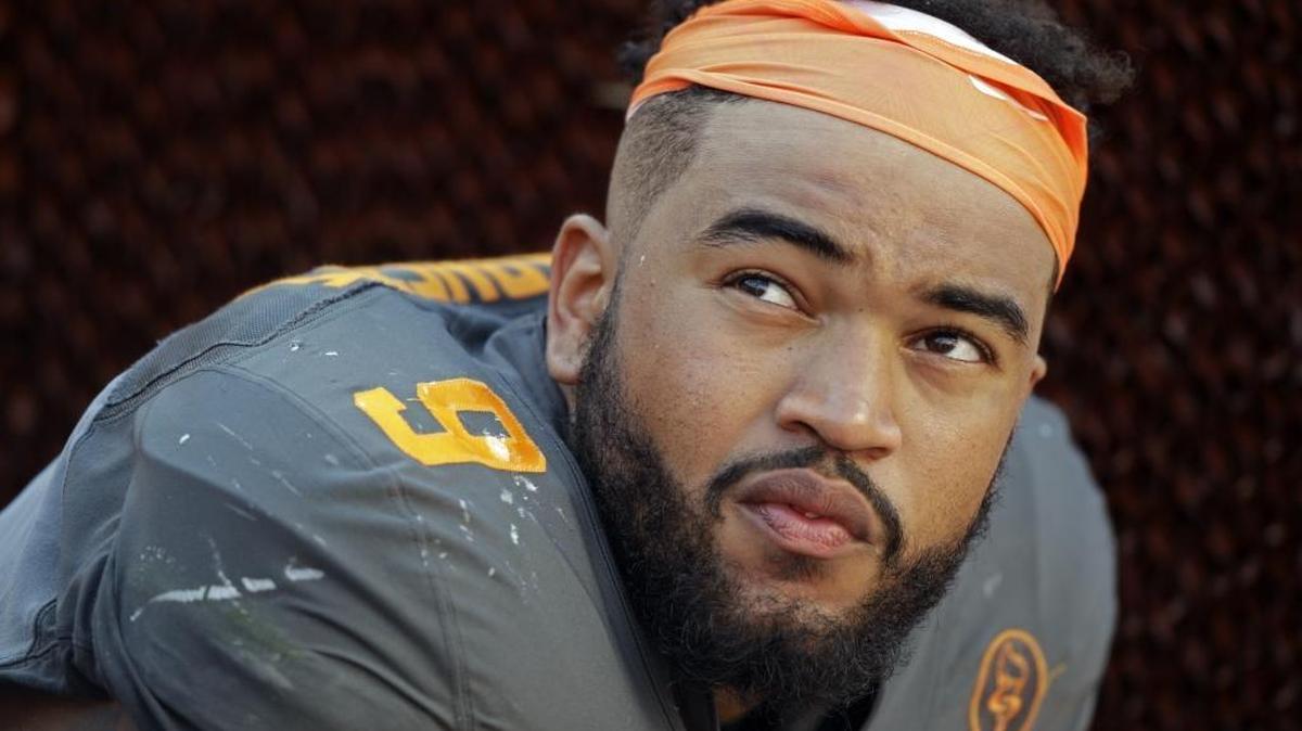 In this Sept. 24, 2016, file photo, Tennessee defensive end Derek Barnett (9) watches from the sideline during the second half of an NCAA college football game against Florida, in Knoxville, Tenn.