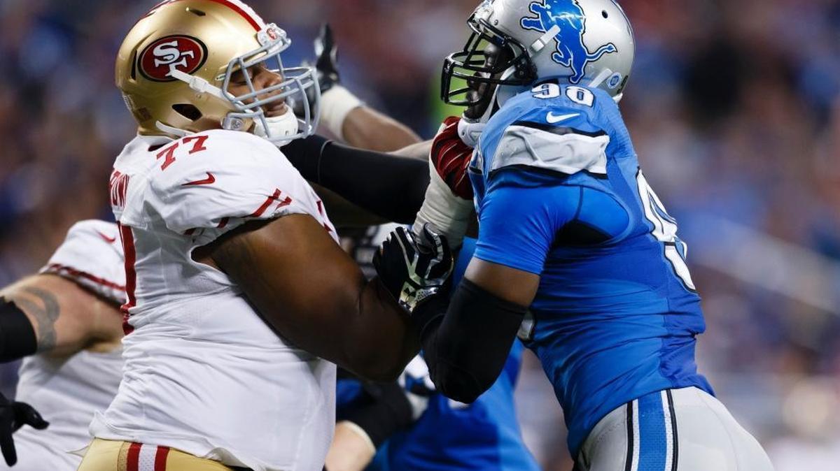 San Francisco 49ers offensive tackle Trenton Brown (77) blocks Detroit Lions defensive tackle Gabe Wright (90) during an NFL football game at Ford Field in Detroit, Sunday, Dec. 27, 2015.
