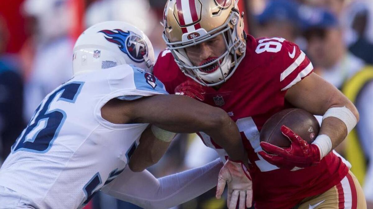 49ers receiver Trent Taylor, right, seen in a 2017 game against the Tennessee Titans, could miss regular-season action. He had surgery Friday to repair a fractured toe.