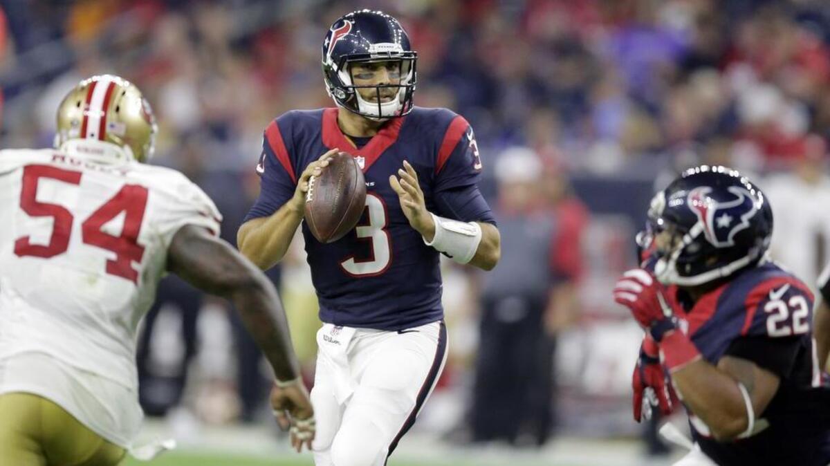 
49ers inside linebacker Nick Moody blitzes Texans quarterback Tom Savage during the second half of Saturday’s preseason game.
