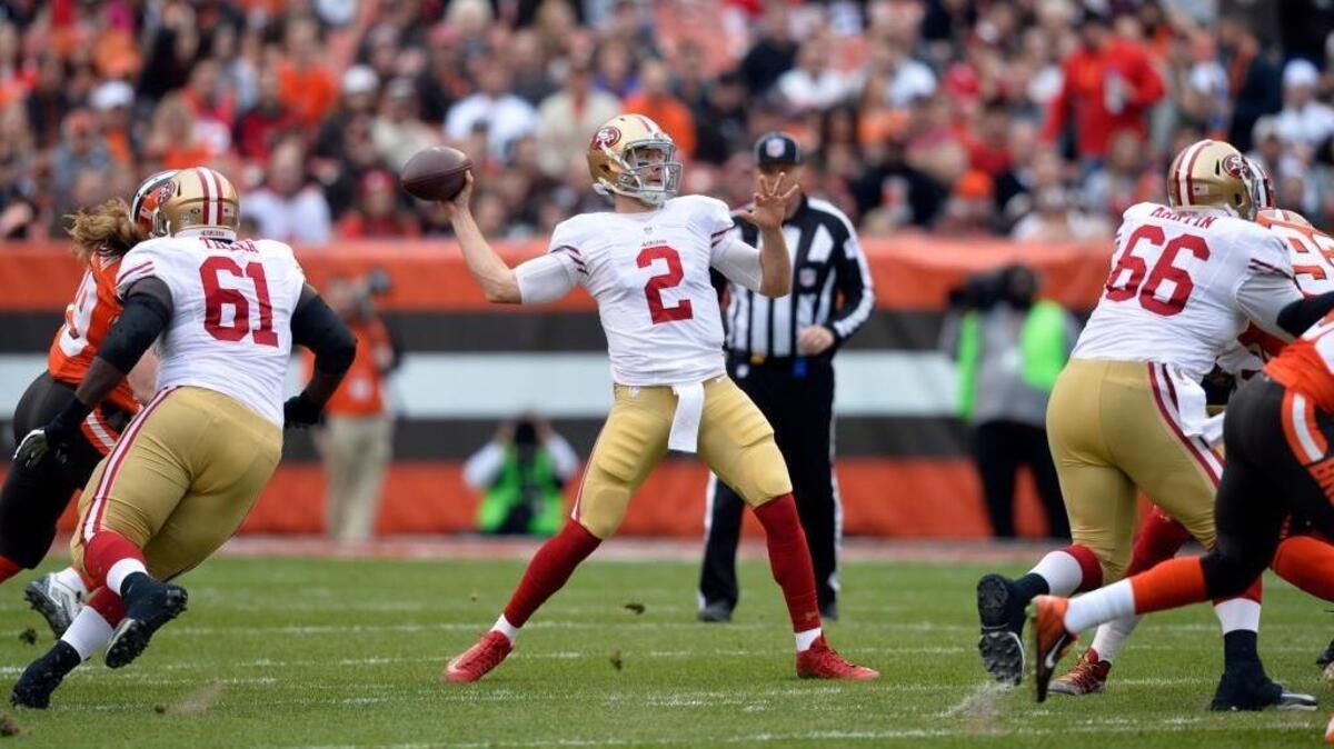49ers quarterback Blaine Gabbert (2) throws during the first half against Cleveland on Sunday, Dec. 13, 2015, in Cleveland.
