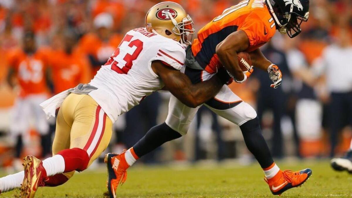 San Francisco 49ers inside linebacker NaVorro Bowman (53) tackles Denver Broncos wide receiver Jordan Norwood (11) during the first half of an NFL preseason football game, Saturday, Aug. 29, 2015, in Denver.