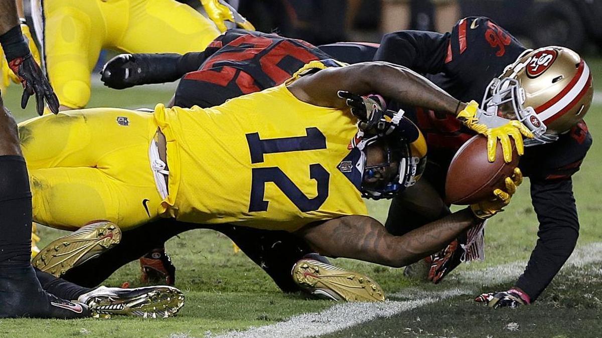 Los Angeles Rams wide receiver Sammy Watkins (12) scores a touchdown against the San Francisco 49ers during the second half of an NFL football game in Santa Clara, Calif., Thursday, Sept. 21, 2017.