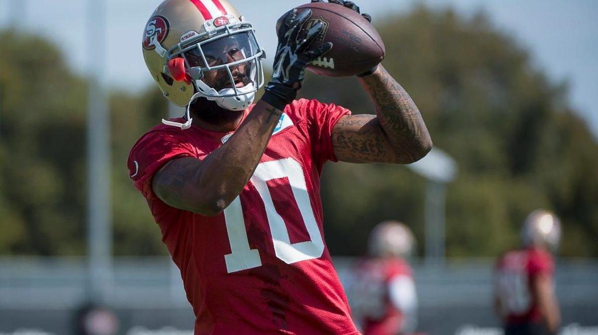Louis Murphy catches a pass during drills during the San Francisco 49ers training camp at Levi's Stadium on Tuesday August 15, 2017 in Santa Clara, Calif.