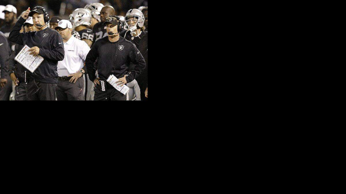 
Former Raiders defensive coordinator Jason Tarver (right) reportedly interviewed with the 49ers Friday.

