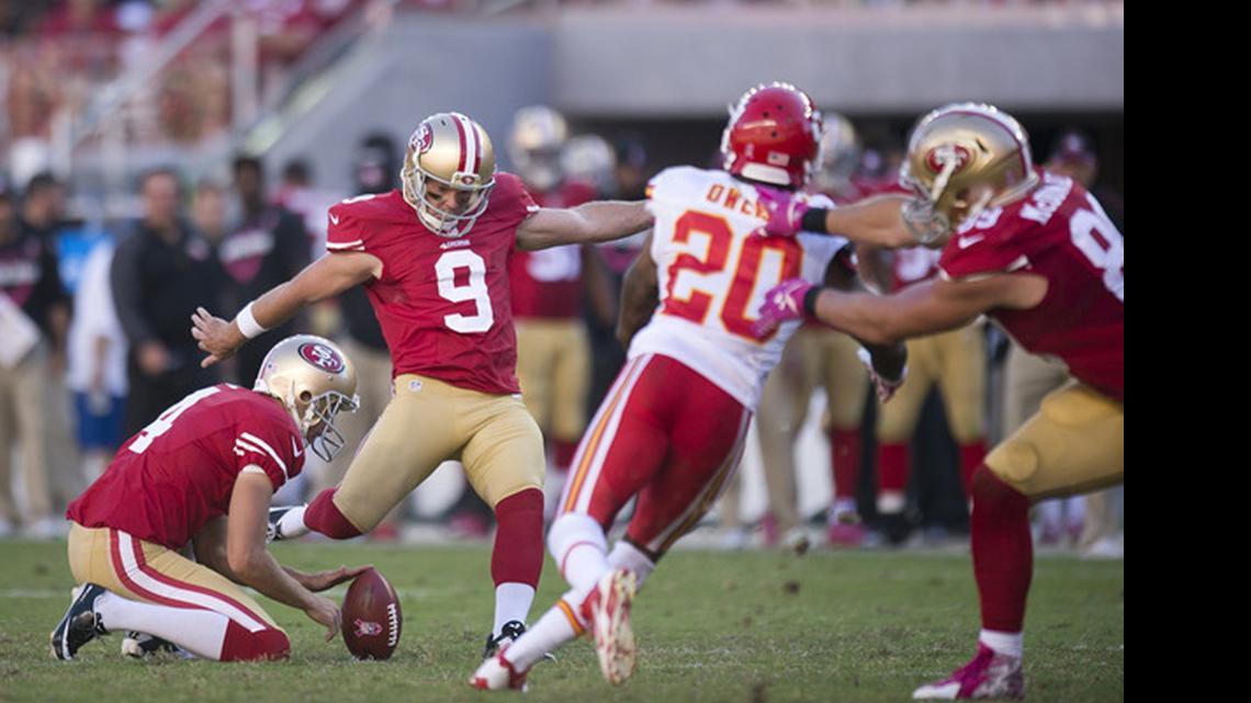 
Kicker Phil Dawson will have to scoot back 13 yards when attempting extra points in 2015.
