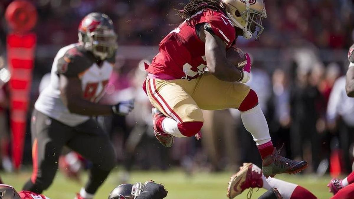 Running back DuJuan Harris, who was on teh 49ers’ practice squad until Saturday, had the most carries for the 49ers vs. Tampa Bay.