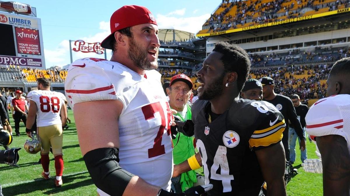 San Francisco 49ers tackle Joe Staley (74) greets Pittsburgh Steelers wide receiver Antonio Brown (84) after an NFL football game, Sunday, Sept. 20, 2015, in Pittsburgh. The Steelers won 43-18.