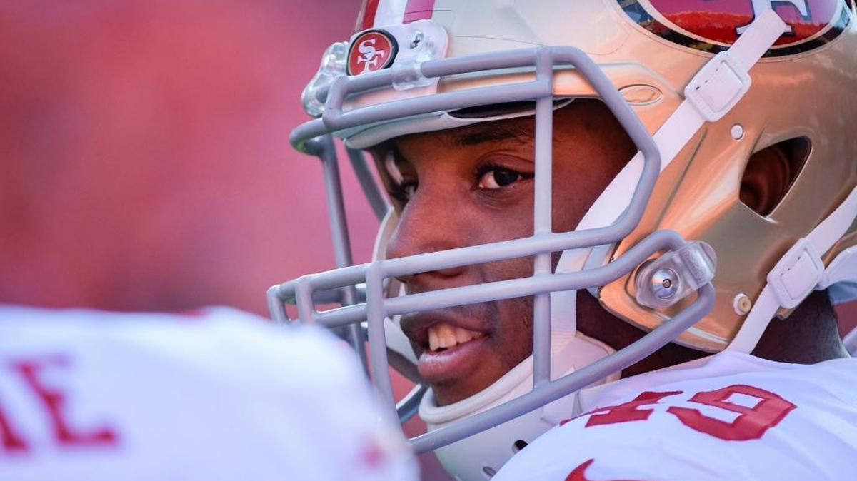 San Francisco 49ers defensive back Matt Breida (49) during pre-game warmups before an NFL preseason football game in Kansas City, Mo., Friday, August 11, 2017.