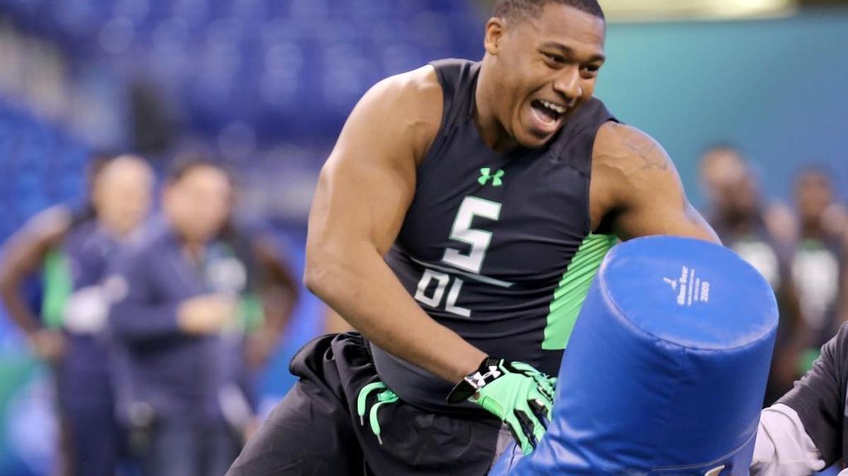 Appalachian State defensive lineman Ronald Blair performs a drill at the NFL football scouting combine Sunday, Feb. 28, 2016, in Indianapolis.