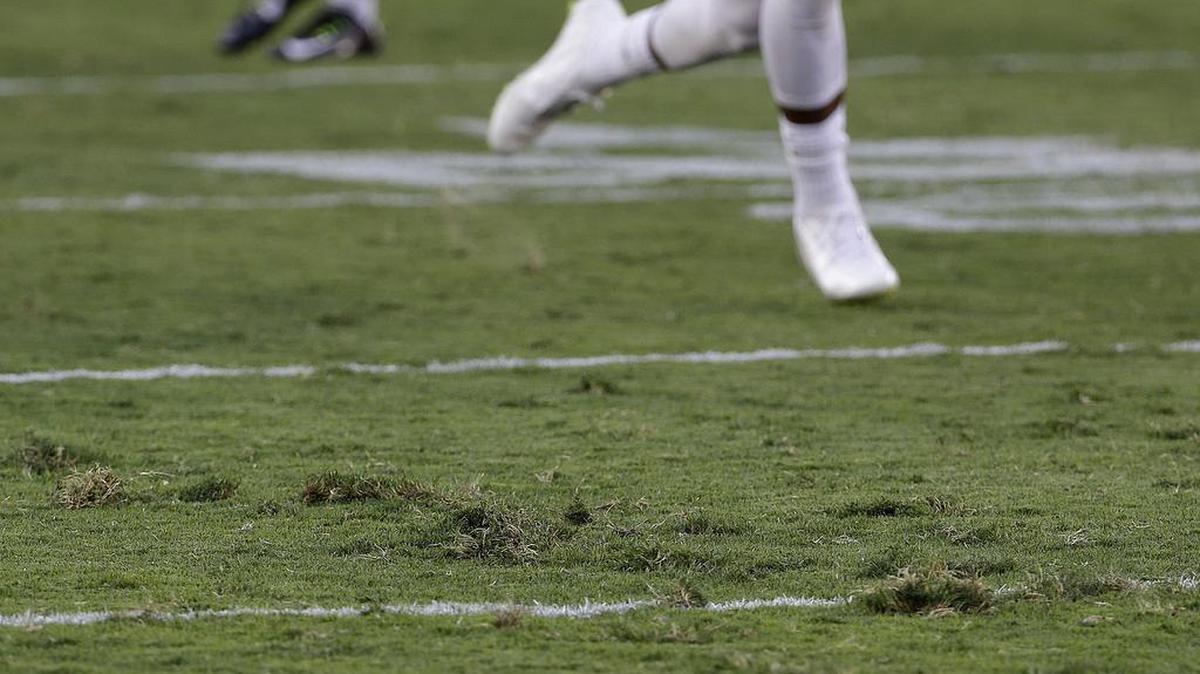 
A San Francisco 49ers player runs on the field at Levi's Stadium during the team's NFL football training camp in Santa Clara, Calif., Saturday, Aug. 1, 2015. It took less than a half-hour into the 49ers’ first practice for the Levi’s Stadium sod to come up in pieces, also only a couple of hours after the venue hosted a high school all-star game. 
