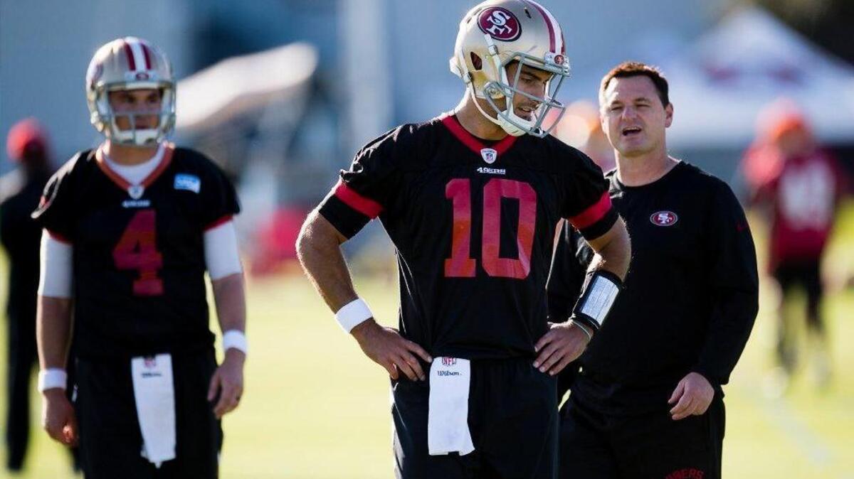 San Francisco 49ers quarterback Jimmy Garoppolo with QB coach Rich Scangarello practices at Levi's Stadium in Santa Clara, Calif. on Wednesday November 29, 2017.