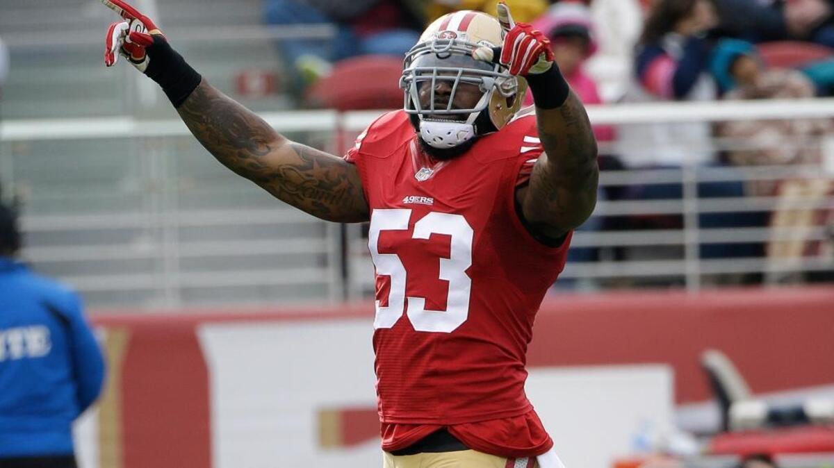 San Francisco linebacker NaVorro Bowman is pumped up in the first half of a game against the Rams on Sunday, Jan. 3, 2016.