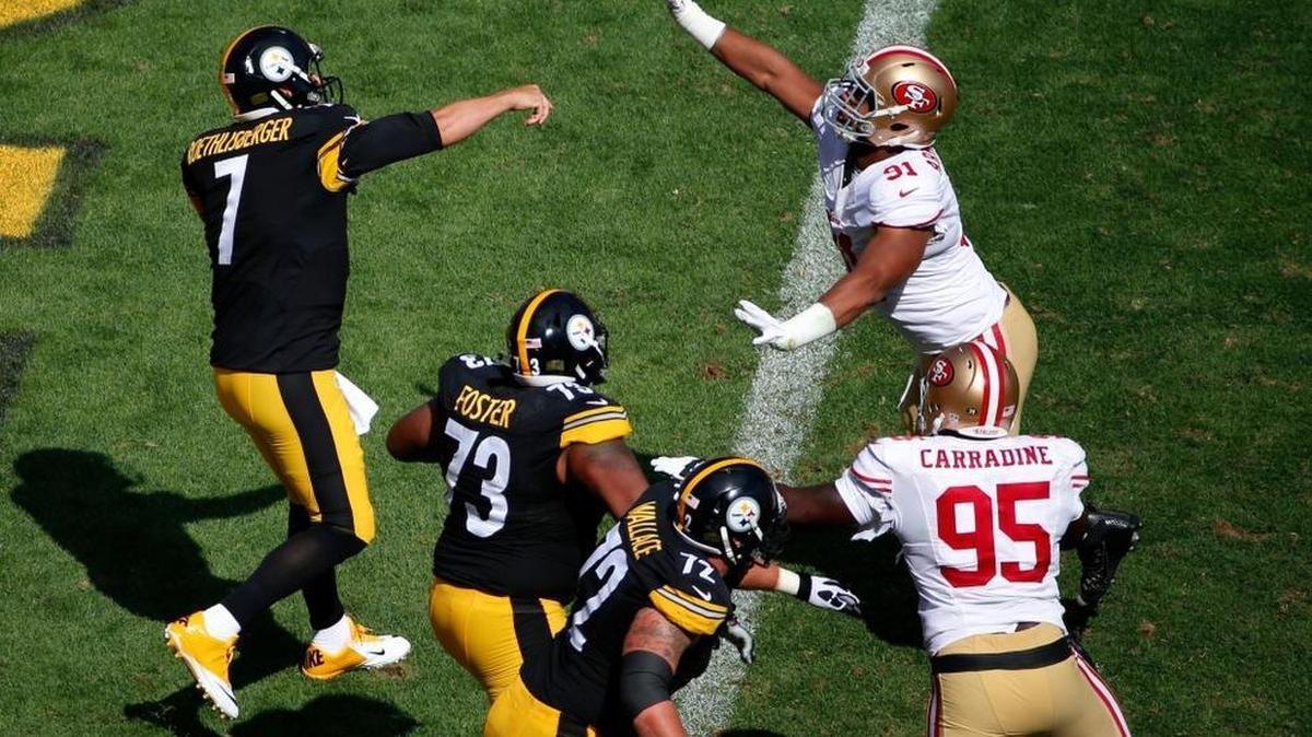 
San Francisco defensive end Arik Armstead (91) pressures Steelers quarterback Ben Roethlisberger during the second half of last Sunday’s game in Pittsburgh.



