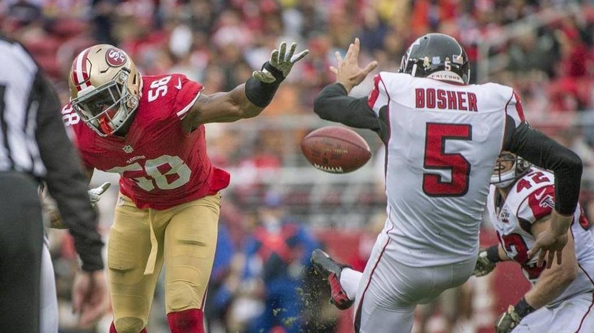San Francisco’s Eli Harold, left, mostly played linebacker last year. He could get a shot as a pass rusher this year.