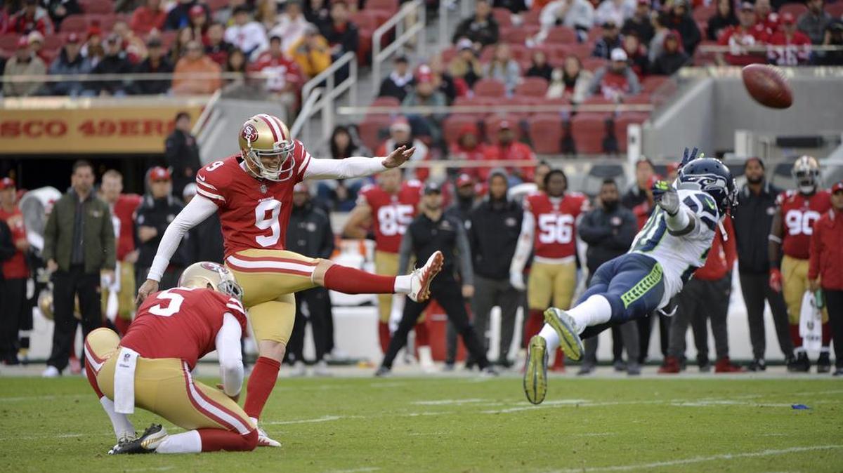 Robbie Gould (9) hits a field goal against the Seattle Seahawks during the first half Sunday in Santa Clara. The 49ers’ kicker is 21 for 23 on field goals this season.