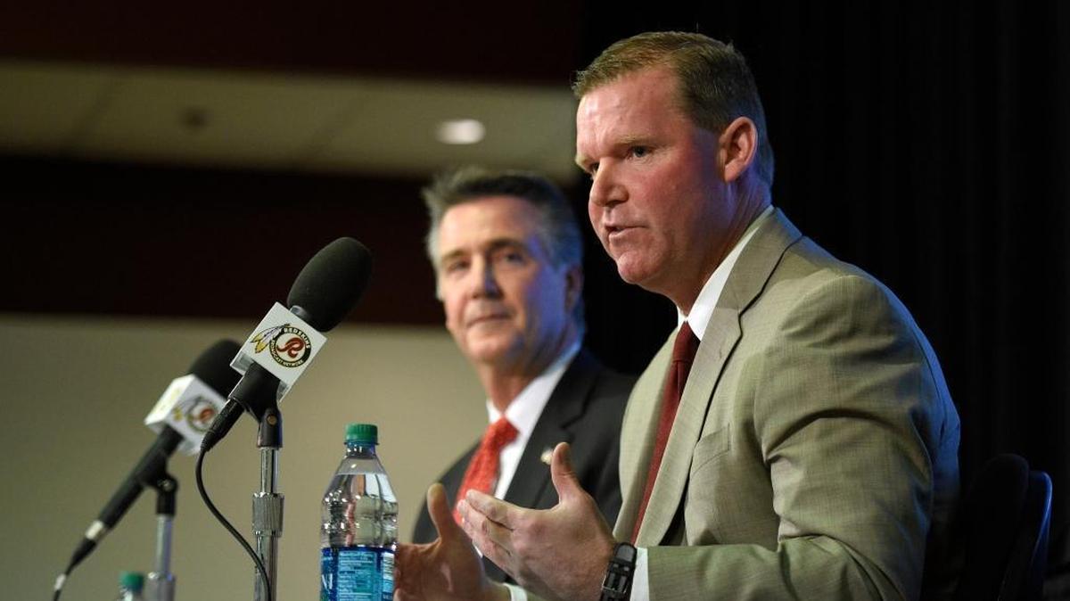 Scot McCloughan, right, speaks during a press conference as he was introduced as the Washington Redskins’ general manager on Jan. 9, 2015, in Ashburn, Va. McCloughan was fired in March.
