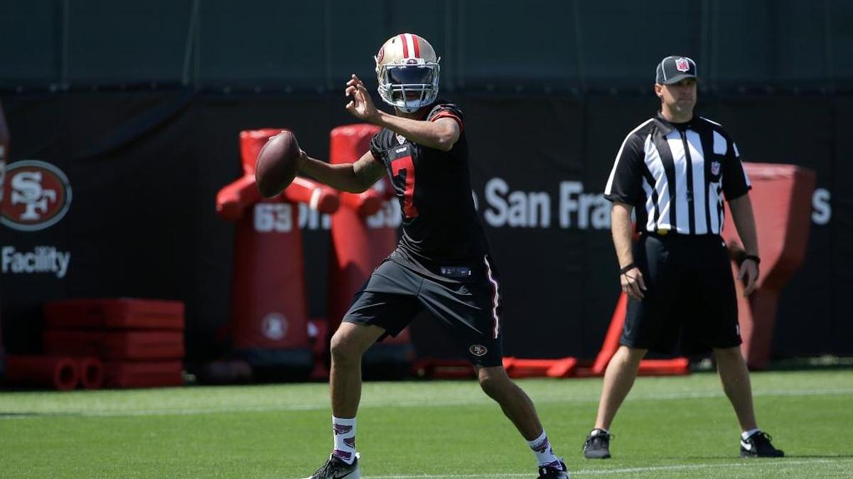 San Francisco 49ers quarterback Colin Kaepernick (7) at an NFL football practice in Santa Clara, Calif., Wednesday, June 8, 2016.