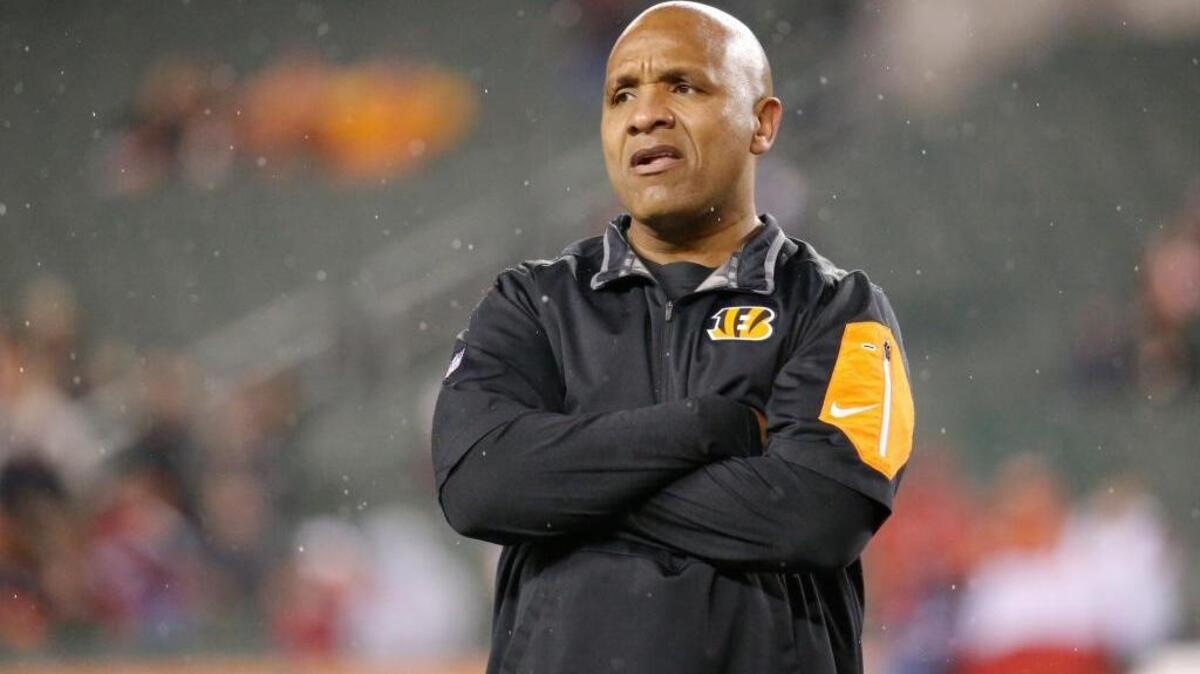 Cincinnati Bengals defensive coordinator Hue Jackson before an NFL football game against the Houston Texans in Cincinnati, Monday, Nov. 16, 2015.
