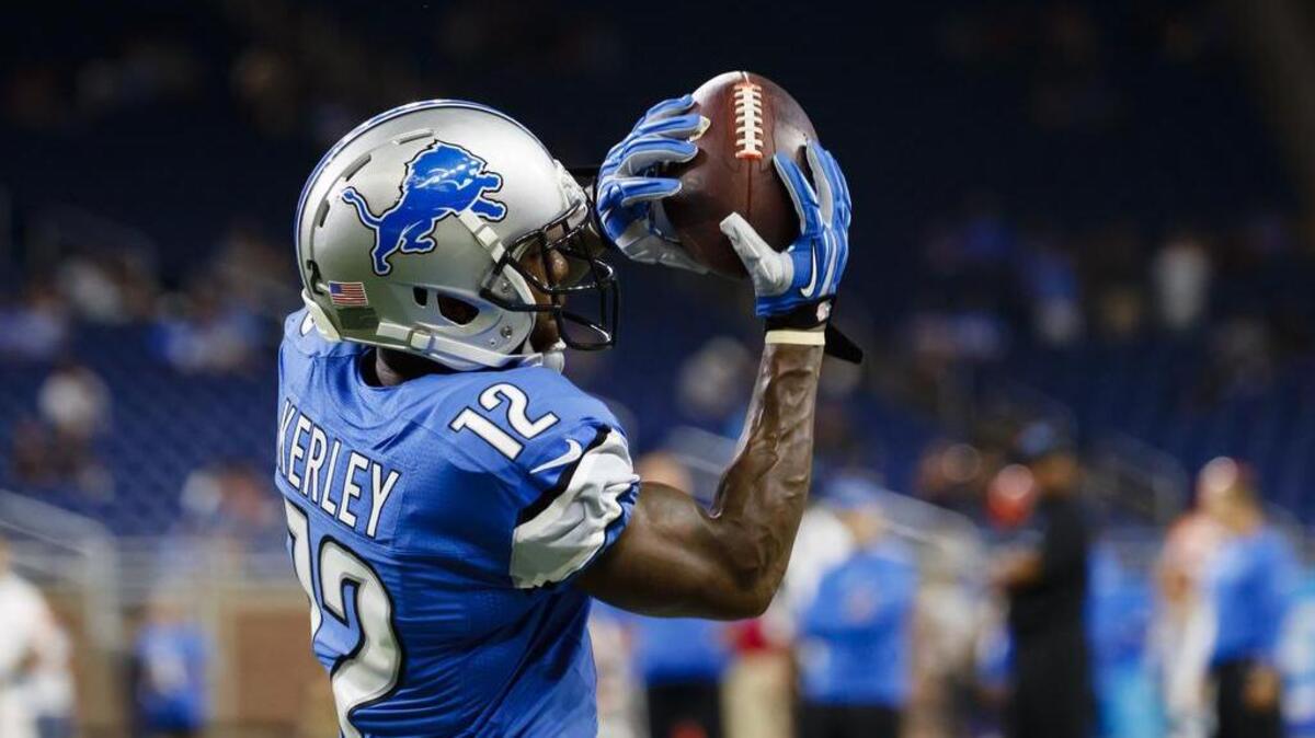 Detroit Lions wide receiver Jeremy Kerley (12) makes a catch during warm ups prior to an NFL football game against the Cincinnati Bengals at Ford Field in Detroit, Thursday, Aug. 18, 2016.
