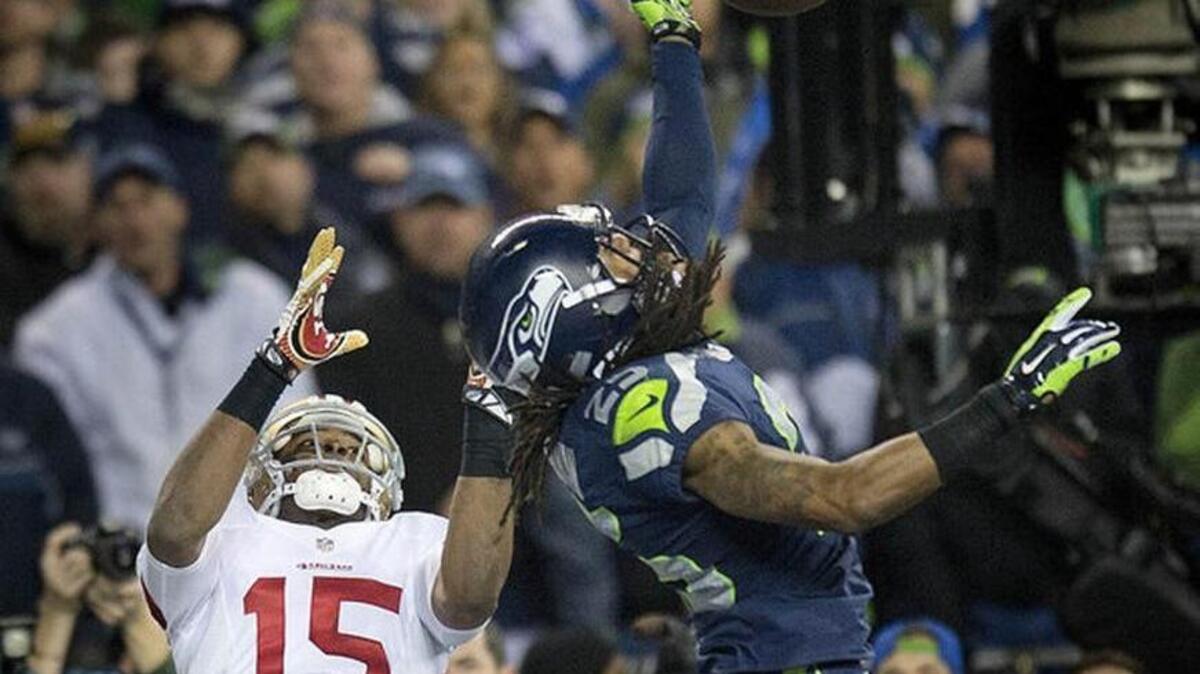 Seahawks cornerback Richard Sherman, who flashed Colin Kaepernick the “choke” sign after this pass was intercepted in the 2013 NFC championship game, said he isn’t particulary surprised Kaepernick is no longer the 49ers’ starting quarterback.