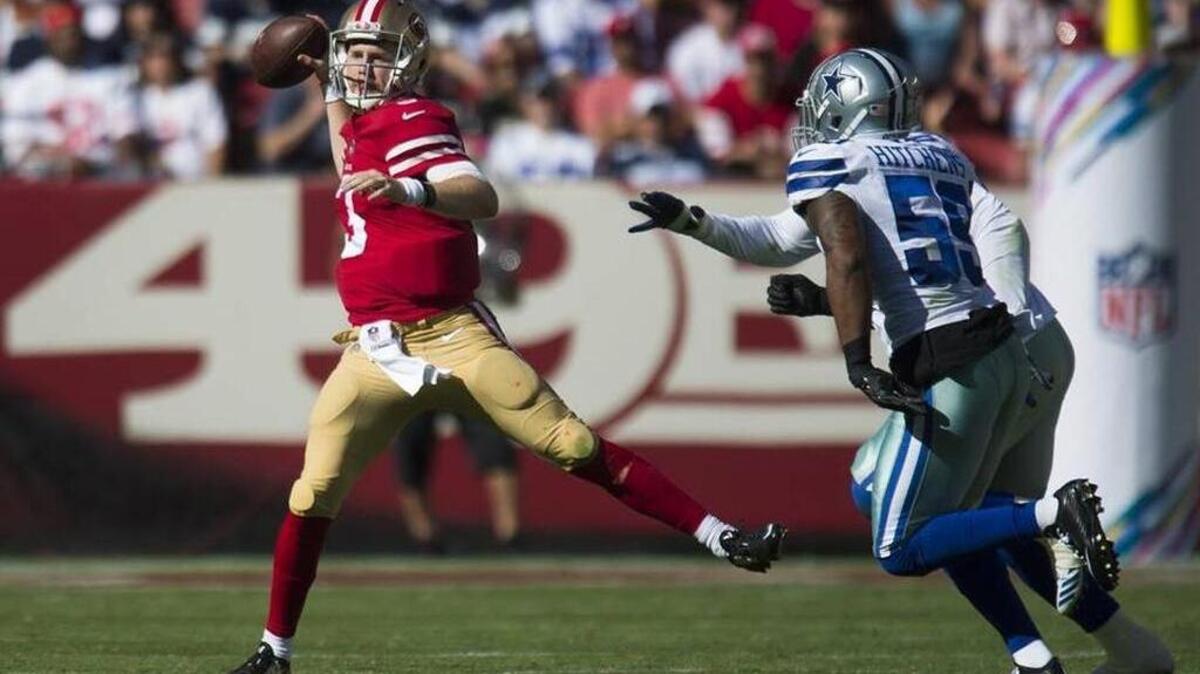 Jimmy Garoppolo’s shadow will be looming on the sideline, but C.J. Beathard remains the 49ers’ starter for now.