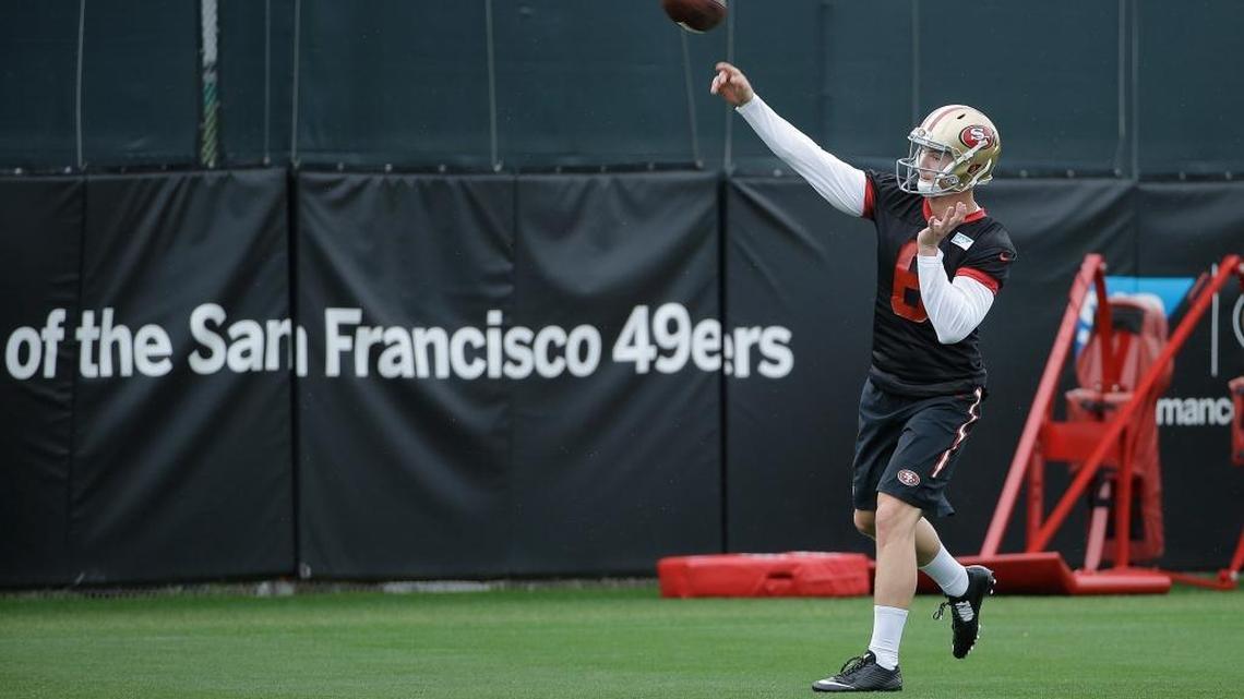 San Francisco 49ers' Jeff Driskel practices during an NFL football rookie minicamp in Santa Clara, Calif., Saturday, May 7, 2016.
