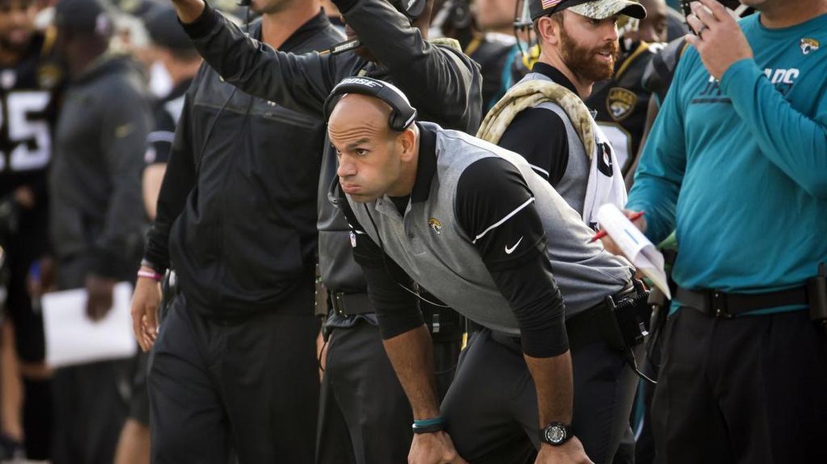 Jacksonville Jaguars linebackers coach Robert Saleh reacts to a play on the sidelines during the second half of an NFL football game, Sunday, Nov. 13, 2016, in Jacksonville, Fla. The Texans beat the Jaguars 24-21.