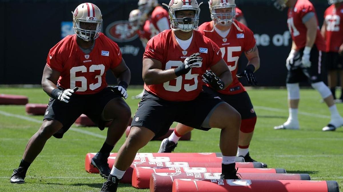 San Francisco 49ers offensive linemen Norman Price (63), Joshua Garnett (65) and Colin Kelly perform a drill during an NFL football practice in Santa Clara, Calif., Wednesday, June 8, 2016.