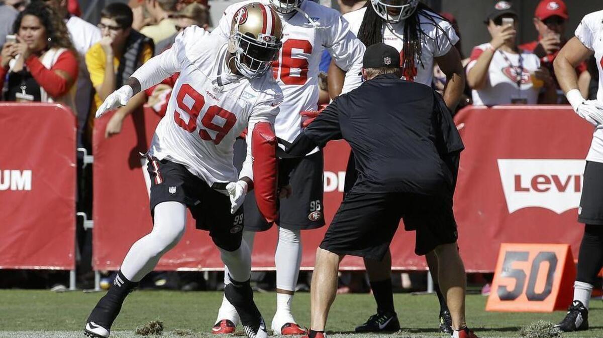 
San Francisco 49ers linebacker Aldon Smith (99) during the team's NFL football training camp in Santa Clara, Calif., Sunday, Aug. 2, 2015.
