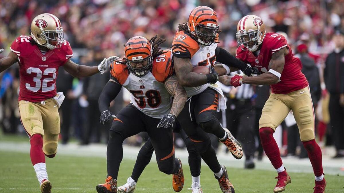 Cincinnati outside linebacker Vontaze Burfict (55) returns an intercepted pass intended for 49ers tight end Vance McDonald (89) in the second quarter during a game at Levi's Stadium on Sunday, December 20, 2015 in Santa Clara, Calif.