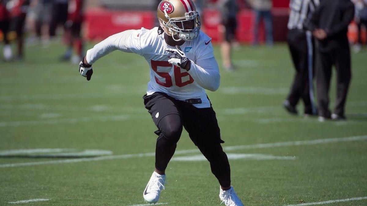 San Francisco 49ers linebacker Reuben Foster participates in practice during training camp at Levi Stadium on Friday, July 28, 2017 in Santa Clara, Calif.