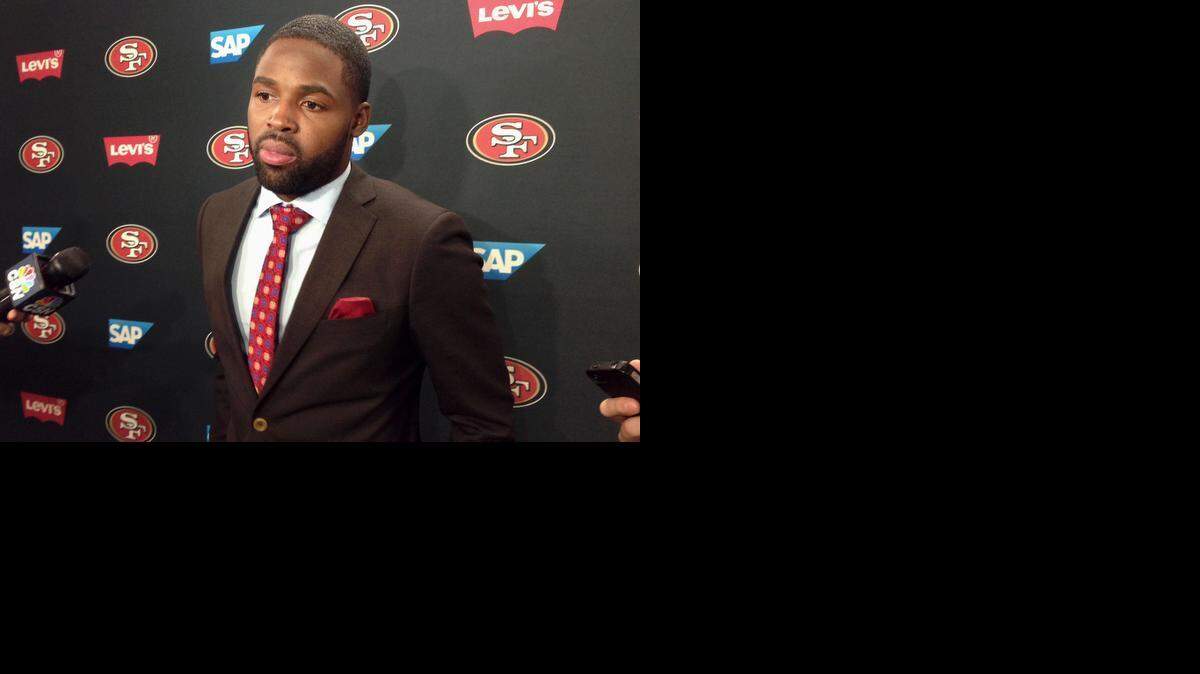Wide receiver Torrey Smith speaks to the media about joining the San Francisco 49ers at the team's NFL football facility in Santa Clara, Calif., Wednesday, March 11, 2015. The free agent wide receiver finalized his new five-year contract with the 49ers on Wednesday, filling a void left by Michael Crabtree’s expected departure and reuniting him with a couple of former teammates, wide receiver Anquan Boldin and tight end Vernon Davis.