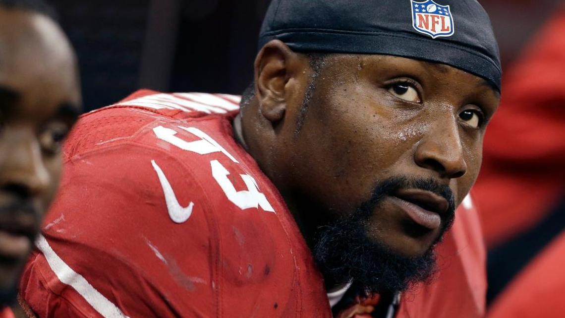 
San Francisco 49ers linebacker NaVorro Bowman (53) sits on the bench after losing 34-31 to the Baltimore Ravens in the NFL Super Bowl XLVII football game, Sunday, Feb. 3, 2013, in New Orleans.
