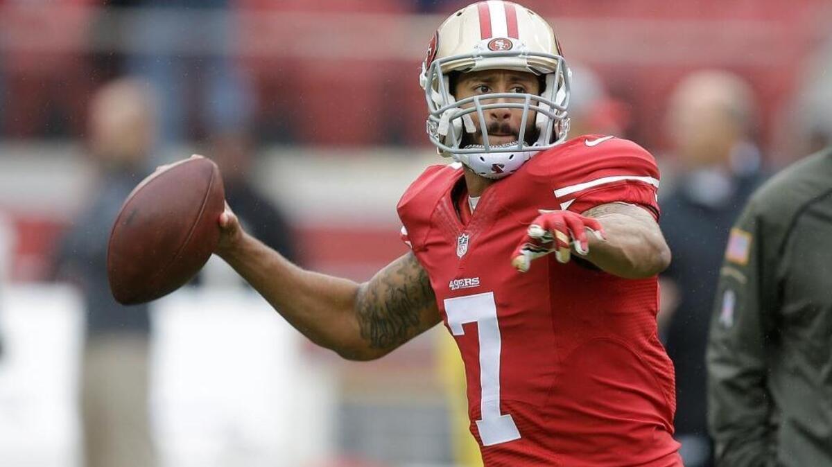 San Francisco 49ers quarterback Colin Kaepernick (7) warms up before facing the Atlanta Falcons in Santa Clara, Nov. 8, 2015.