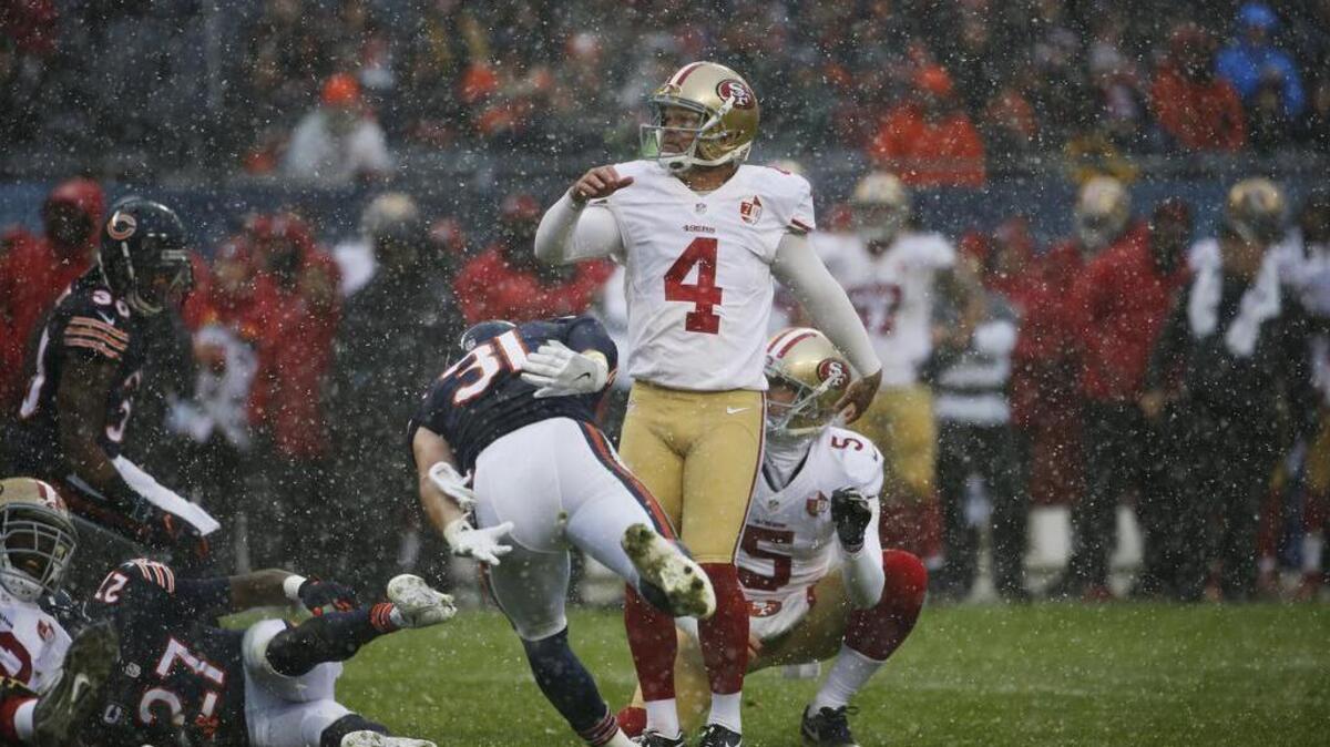 San Francisco 49ers kicker Phil Dawson (4) kicks a field goal during the first half of an NFL football game against the Chicago Bears on Sunday, Dec. 4, 2016, in Chicago.