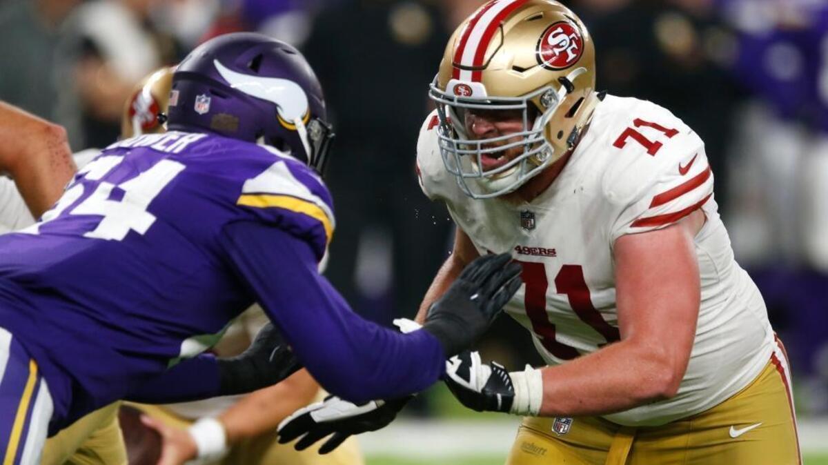 San Francisco 49ers offensive tackle John Theus (71) blocks Minnesota Vikings defensive lineman Tashawn Bower, left, during the second half of an NFL preseason football game Sunday, Aug. 27, 2017, in Minneapolis. The Vikings won 32-31.