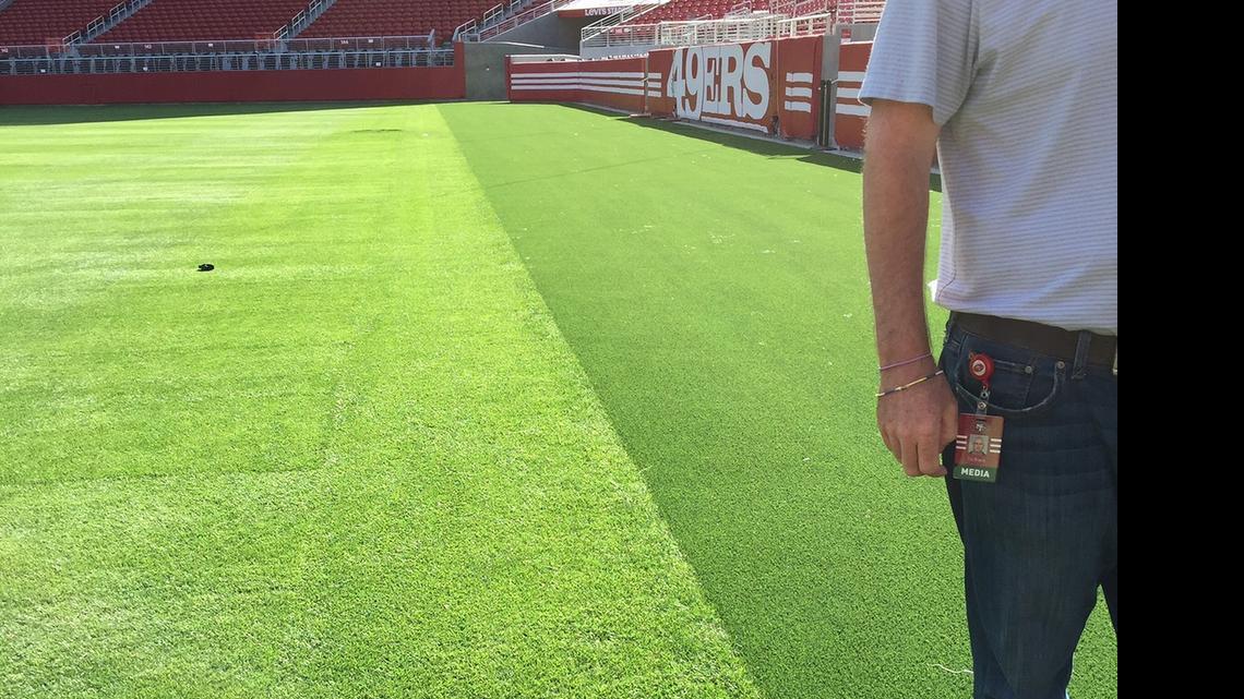 
The 49ers have installed a synthetic-turf ring around their grass playing field to help reduce wear and tear.
