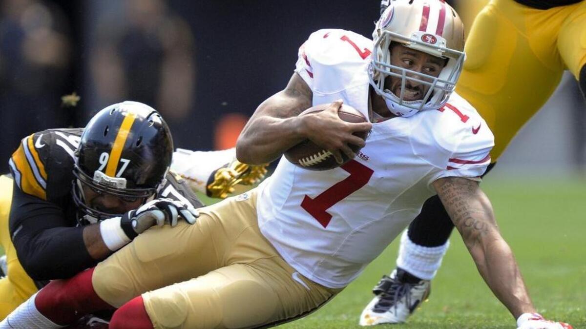 
Pittsburgh Steelers defensive end Cameron Heyward (97) sacks San Francisco 49ers quarterback Colin Kaepernick (7) in the second quarter of an NFL football game, Sunday, Sept. 20, 2015, in Pittsburgh.
