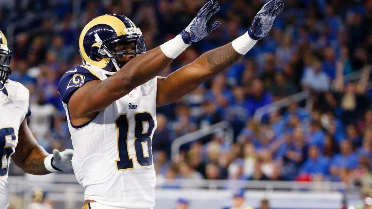 Los Angeles Rams wide receiver Kenny Britt (18) celebrates his touchdown against the Detroit Lions during an NFL football game, Sunday, Oct. 16, 2016, in Detroit.