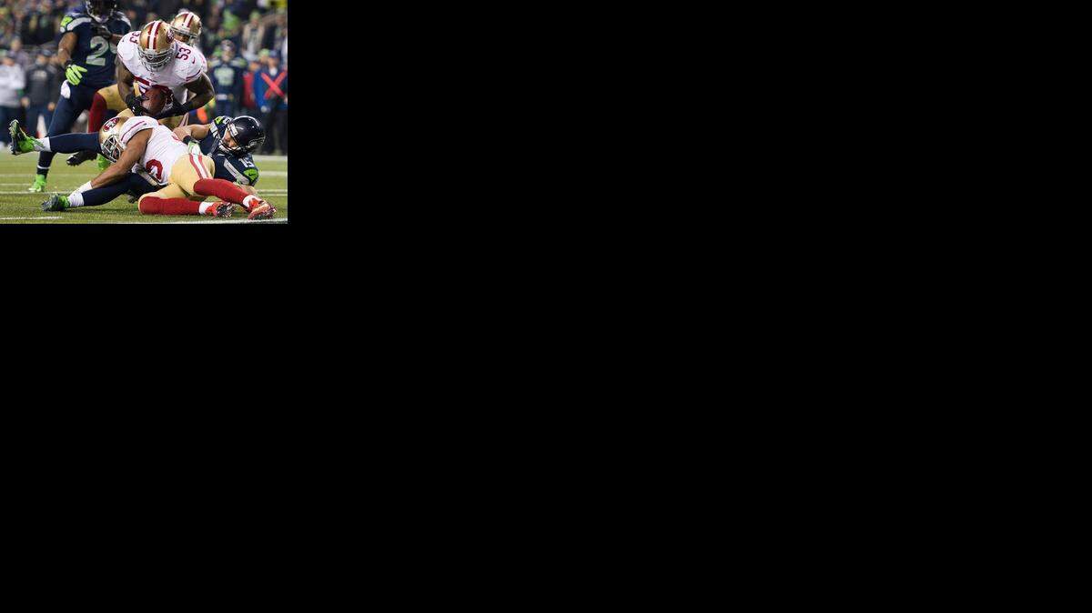 
The knee injury that NaVorro Bowman suffered on this play Jan. 19 wiped away his 2014 season.
