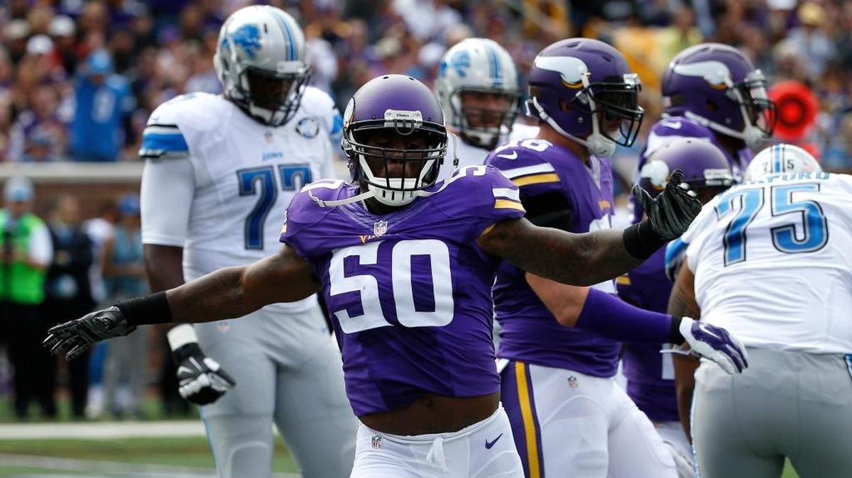 
Minnesota Vikings middle linebacker Gerald Hodges (50) celebrates a stop against the Detroit Lions in the first half of an NFL football game in Minneapolis, Sunday, Sept. 20, 2015. 
