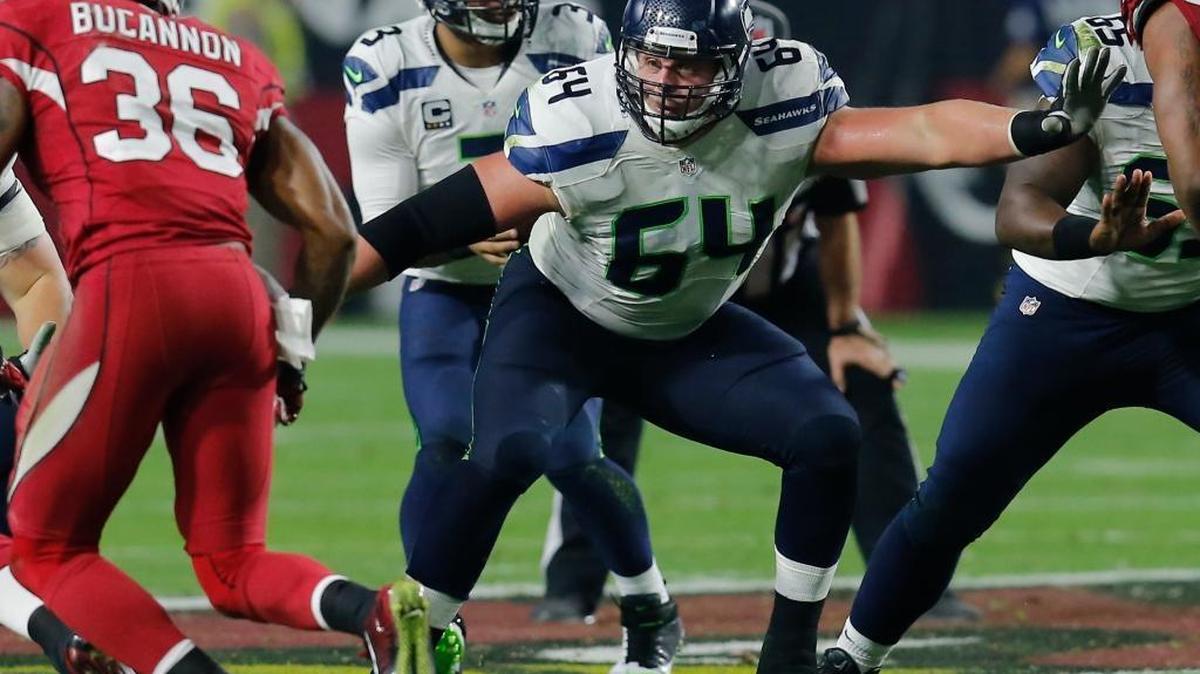 Seattle Seahawks guard J.R. Sweezy (64) during the first quarter of an NFL football game against the Arizona Cardinals, Sunday, Dec. 21, 2014 in Glendale, Ariz.