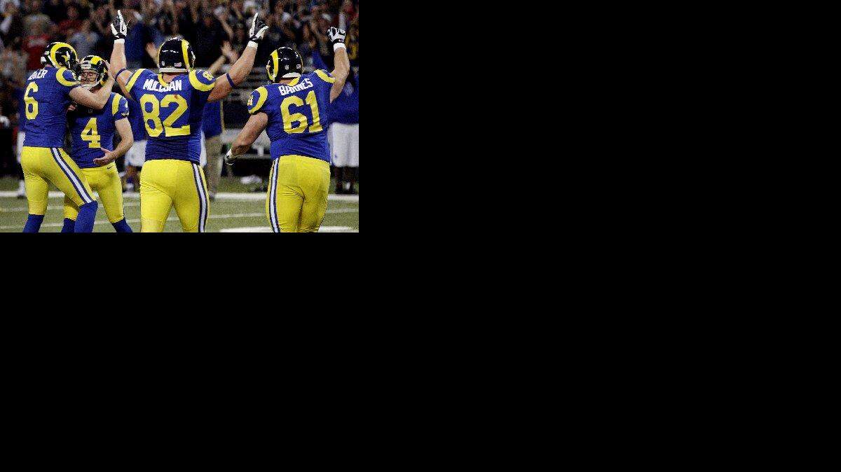 
Rams punter Johnny Hekker, No. 6, has completed five of six passes in the last two and half seasons. The one-time quarterback was roommates with Jim Harbaugh’s son, Jay, at Oregon State.
