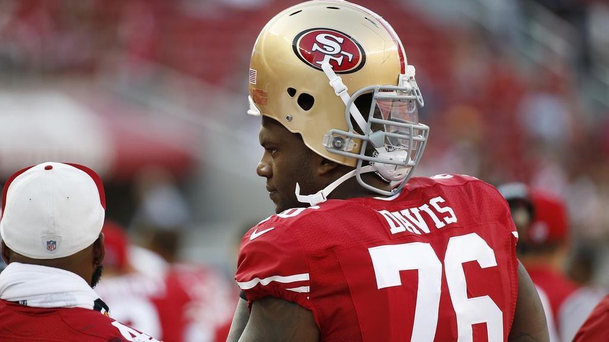 San Francisco 49ers offensive tackle Anthony Davis stands on the sidelines during the second half of an NFL preseason football game against the Houston Texans on Sunday, Aug. 14, 2016, in Santa Clara, Calif. Houston won the game 24-13.