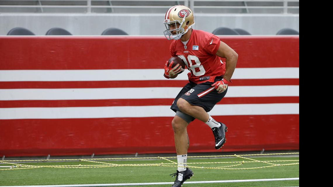 
San Francisco 49ers running back Jarryd Hayne runs during an NFL football mini-camp in Santa Clara, Calif., Tuesday, June 9, 2015. Hayne is a former Australian League rugby player.
